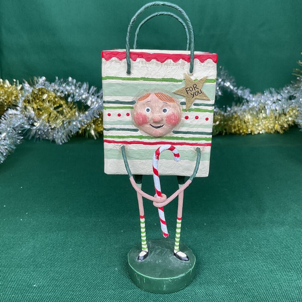 Whimsical Christmas Gift Bag Elf Figurine Candy Cane Star Folk Art Holiday Decor